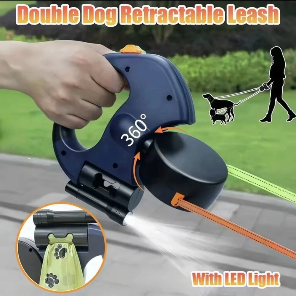 3-in-1 Double Dog Leash Retractable, Tangle-Free with Light & Bag Holder